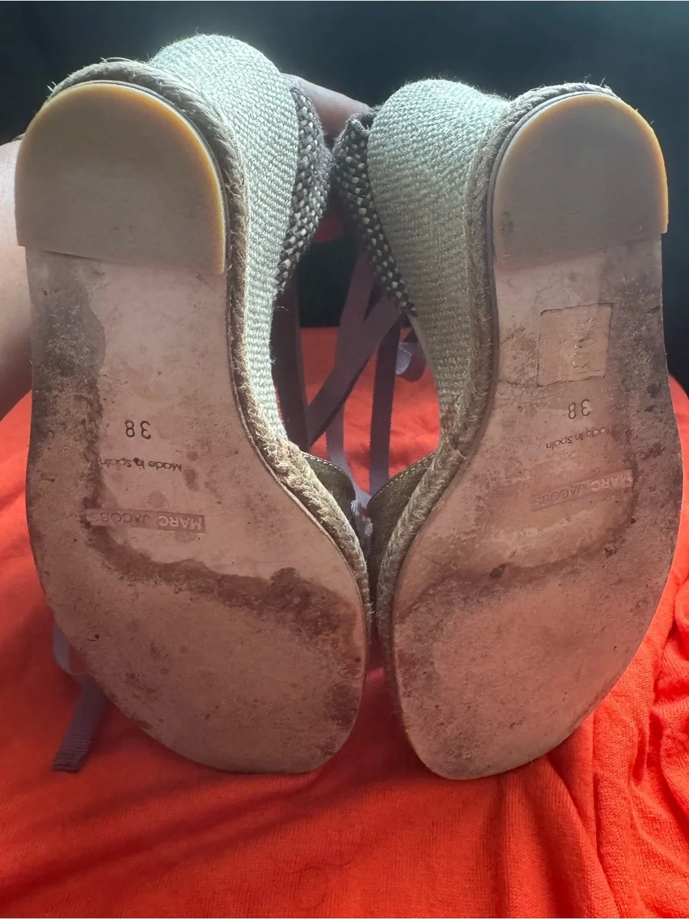 Marc Jacobs Woven Ribbon Espadrille Wedges in Lavender, Orange & Gold